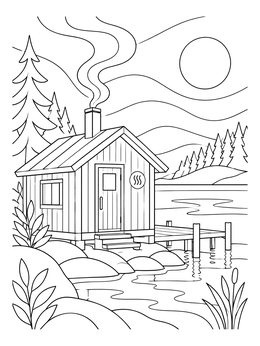 A peaceful lake and wooden sauna cabin on this finland coloring page.