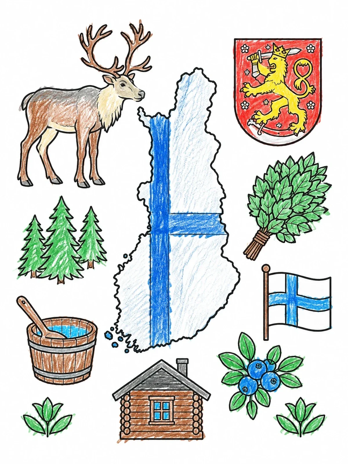 Colored example of the Map Of Finland And Cultural Symbols coloring page
