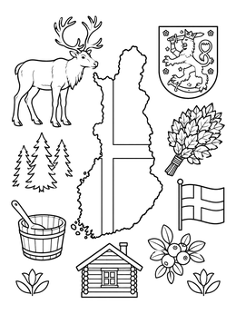 Free printable Map Of Finland And Cultural Symbols coloring page