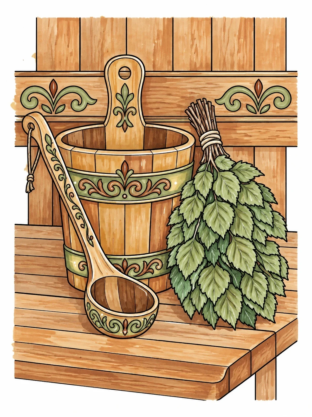 Colored example of the Traditional Finnish Sauna Essentials coloring page