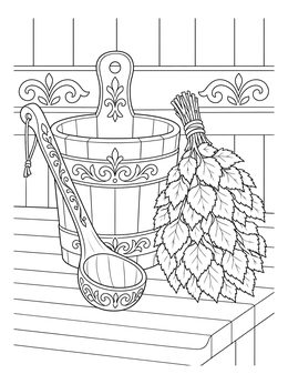 A wooden sauna bucket, carved ladle, and birch whisk in this finland coloring page.