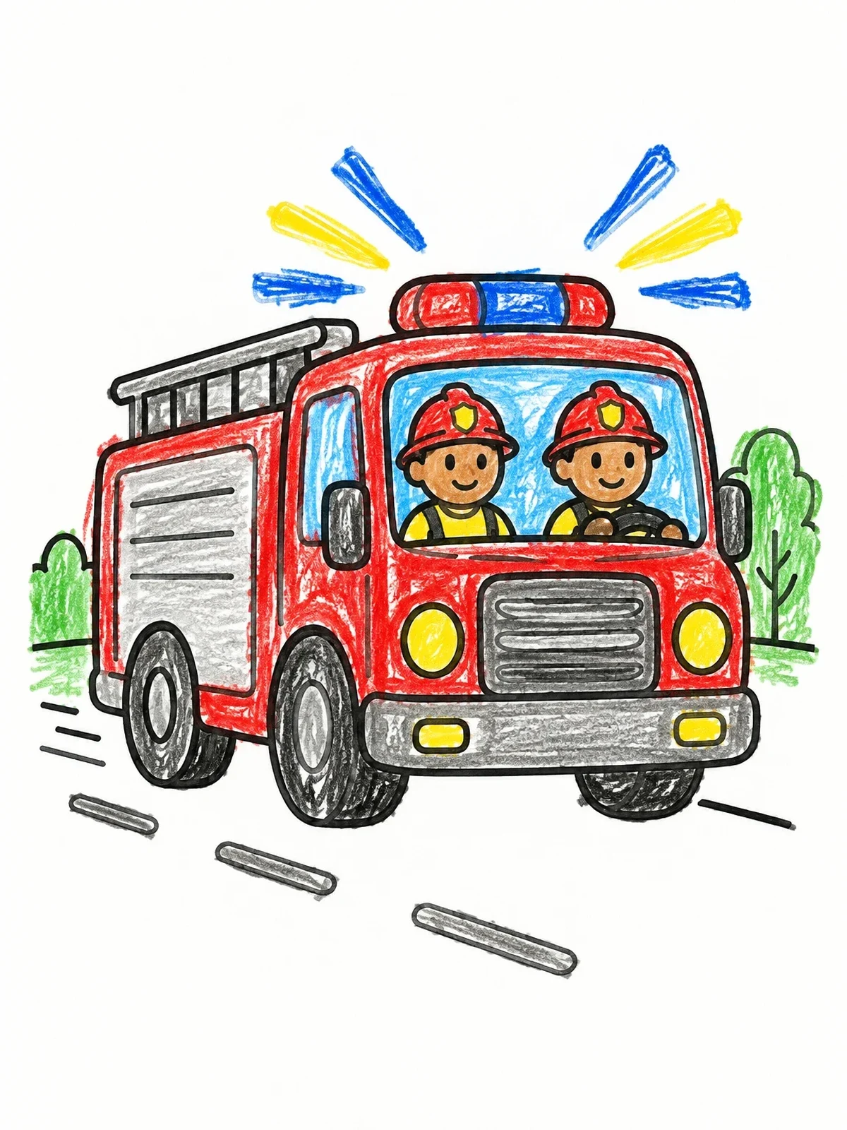 Colored example of the Friendly Firefighters On The Road coloring page