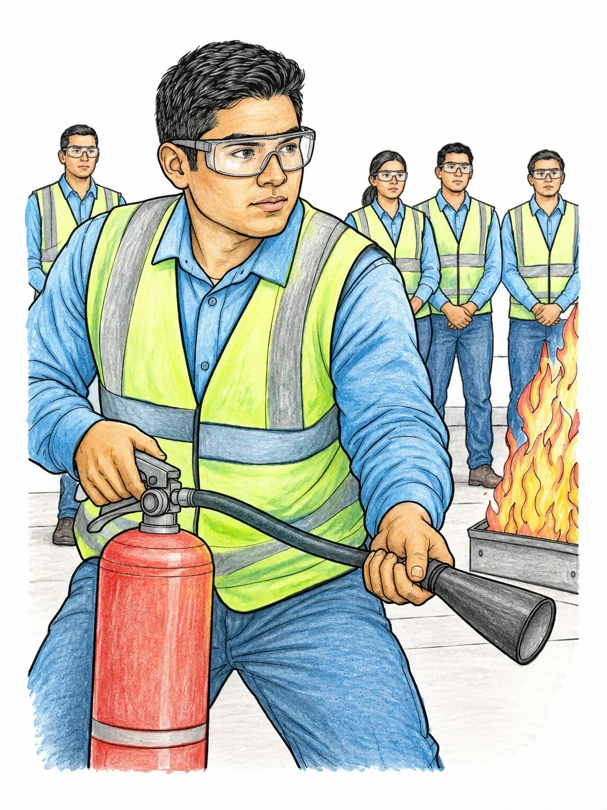 Colored example of the Fire Safety Drill With Extinguisher coloring page