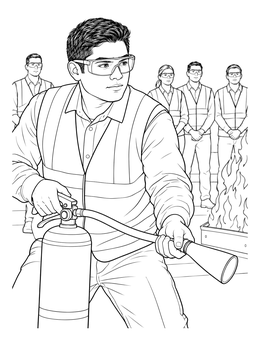 Trainee practicing during a drill in this fire extinguisher coloring page.