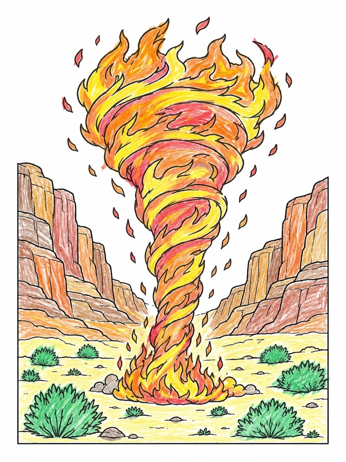 Colored example of the Fierce Fire Tornado In Desert Canyon coloring page