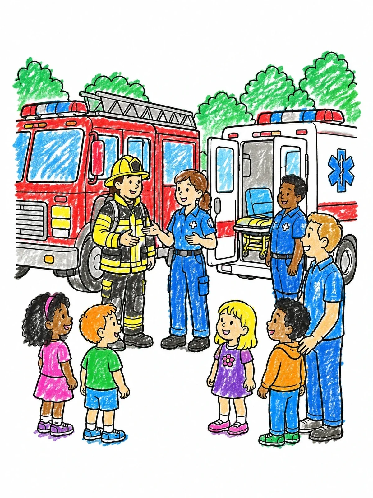 Colored example of the Firefighters And Paramedics Meeting Children coloring page
