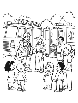 Children visit emergency workers in this friendly fire truck coloring page.