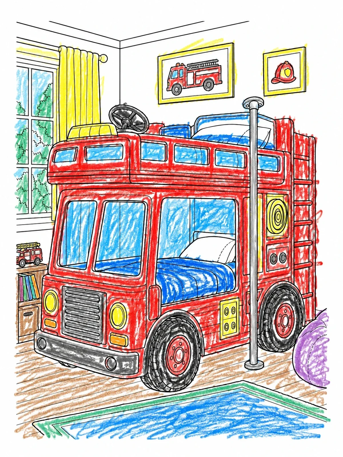 Colored example of the Fire Truck Themed Bunk Bed coloring page