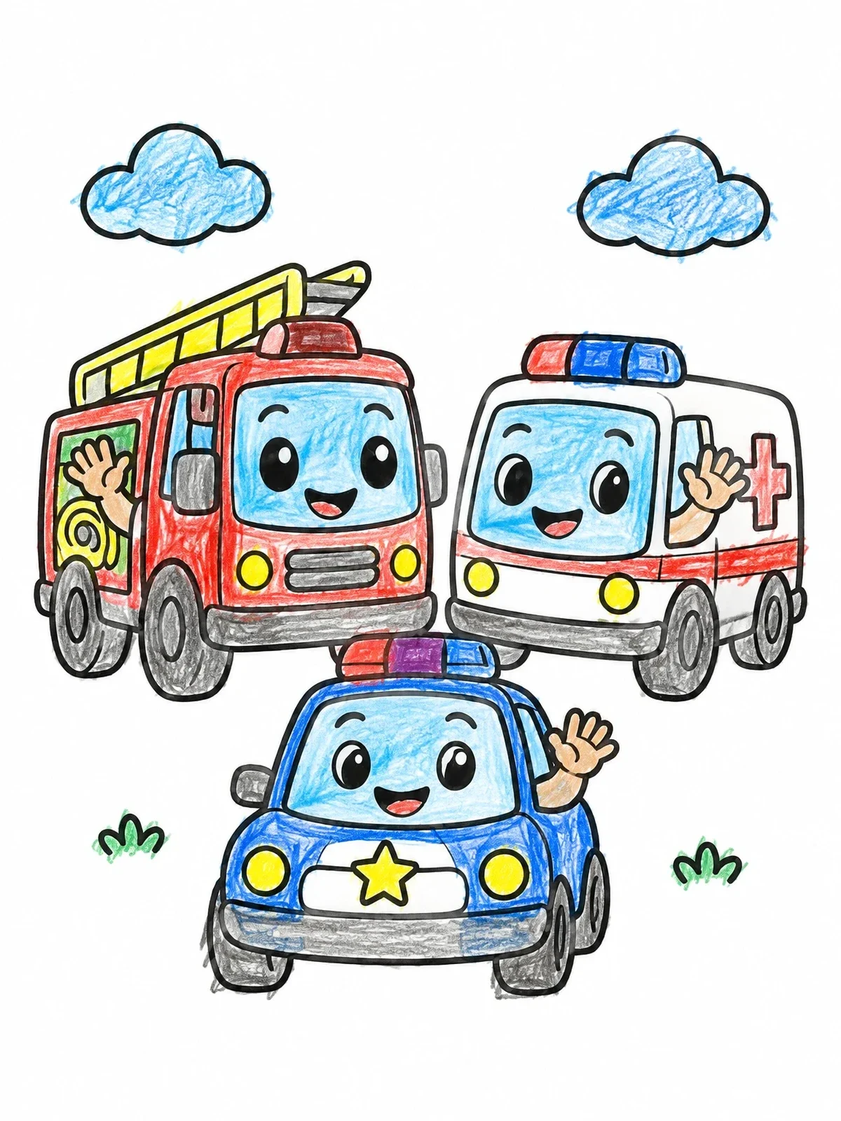 Colored example of the Cute Emergency Rescue Vehicles Team coloring page