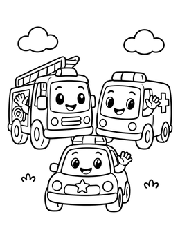 A friendly fire truck coloring page with a cartoon ambulance and police car waving happily.