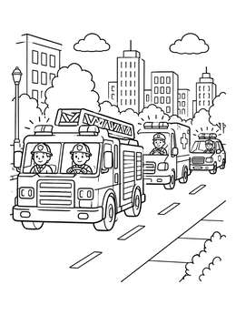 A fire truck coloring page showing an engine, ambulance, and police car driving through the city.