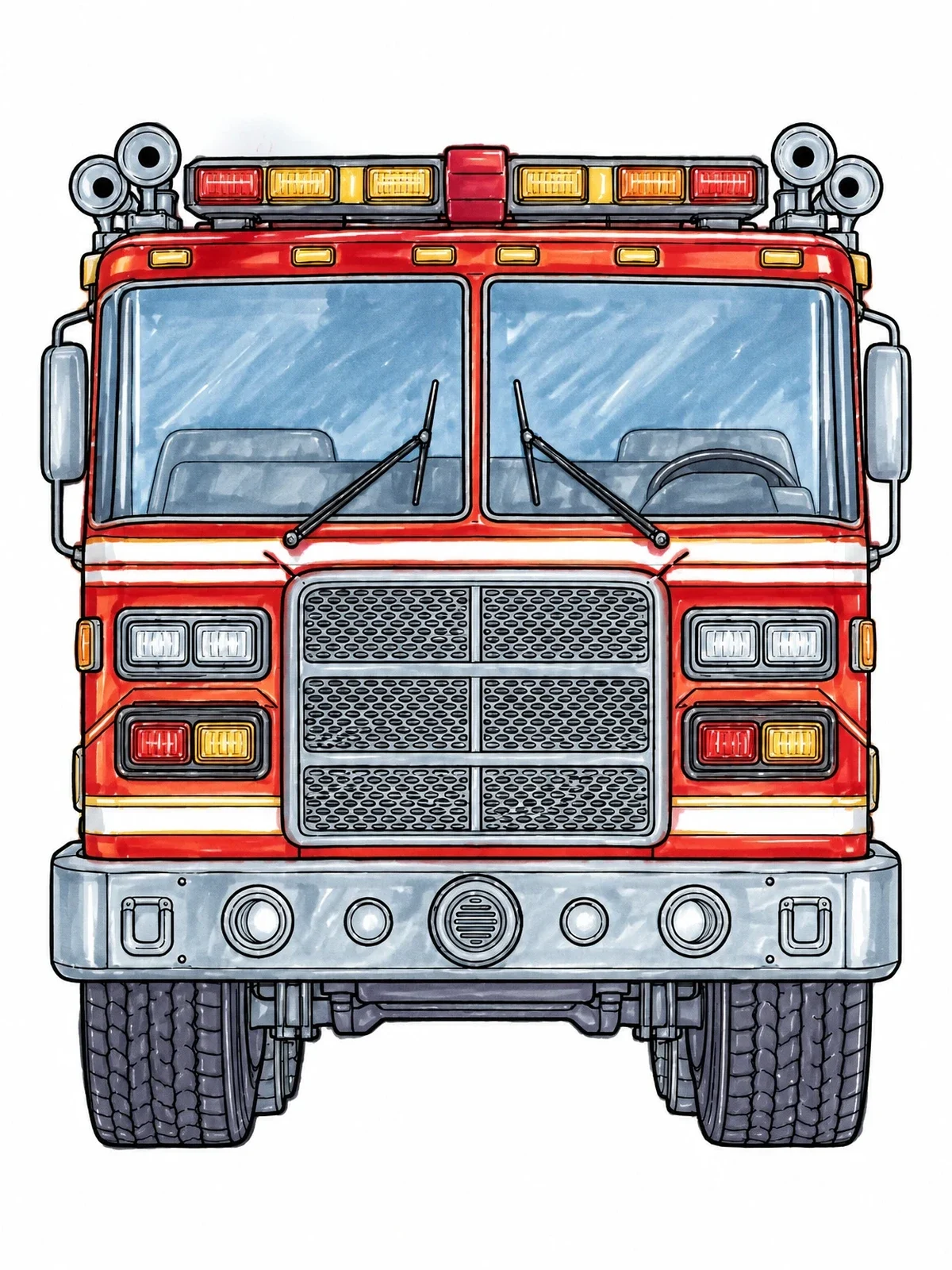 Colored example of the Front View Of Fire Engine coloring page