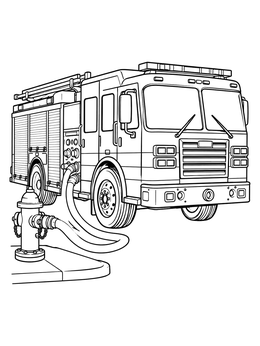 A detailed fire truck coloring page showing an engine hooked up to a street hydrant.