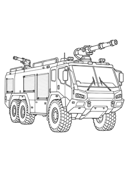 A detailed fire truck coloring page showing an airport crash tender with water turrets.