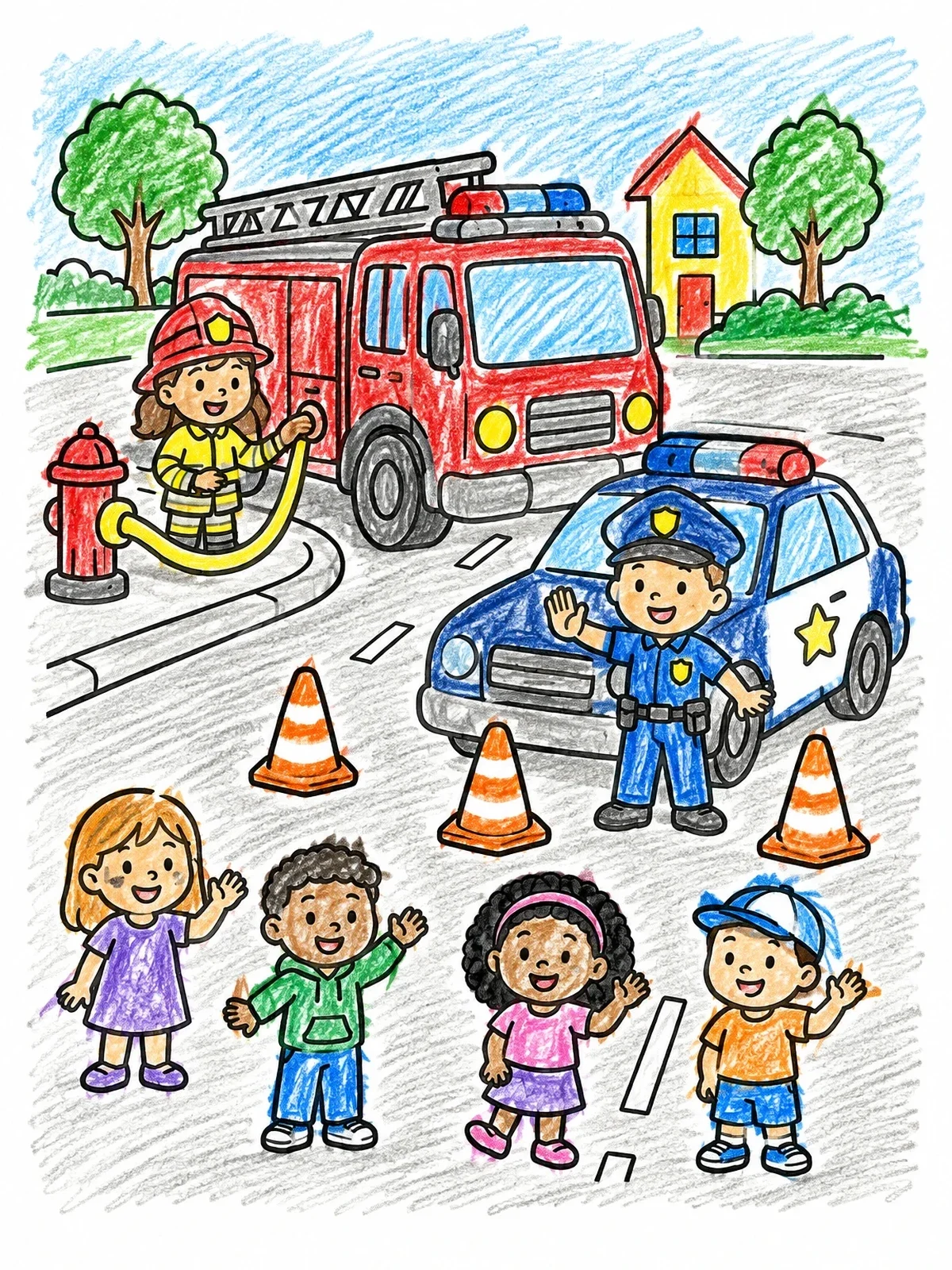 Colored example of the Fire Truck And Police Car With Friendly Helpers coloring page