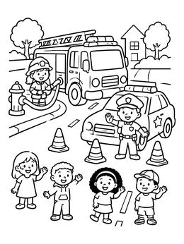 A friendly community scene on a fire truck coloring page with emergency vehicles and waving kids.