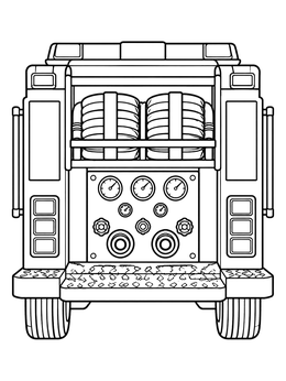Rear view of a vehicle in this fire truck coloring page with coiled hoses and gauges.