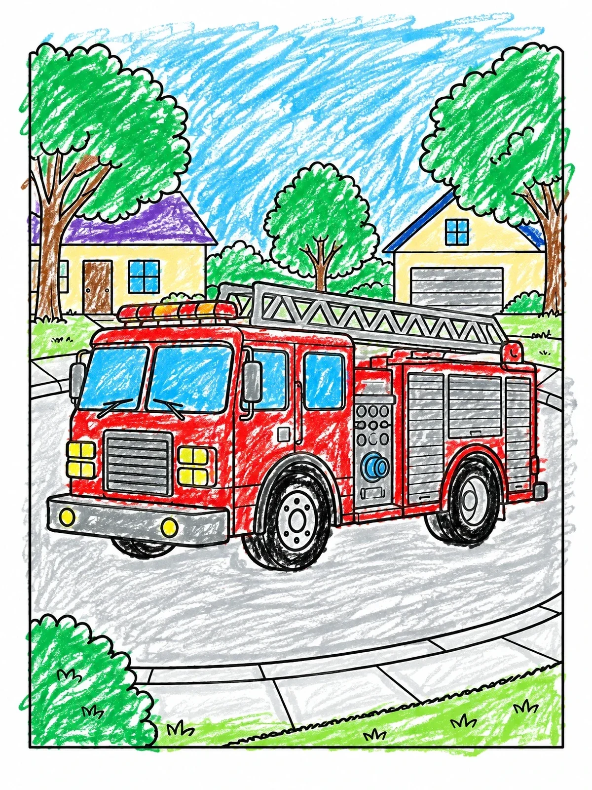 Colored example of the Fire Engine On Suburban Cul De Sac coloring page