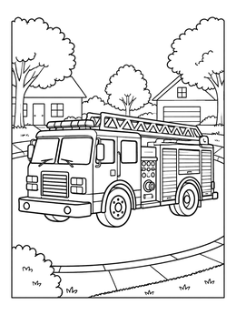 A fire truck coloring page showing an engine parked on a quiet neighborhood street.