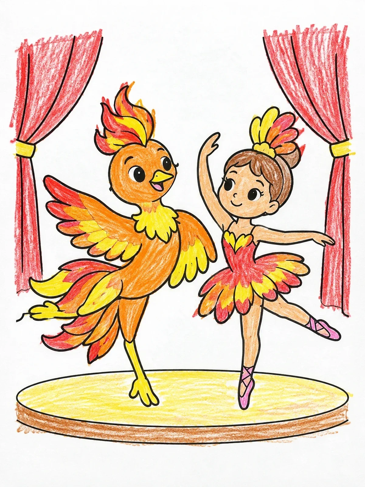 Colored example of the Ballerina And Firebird On Stage coloring page