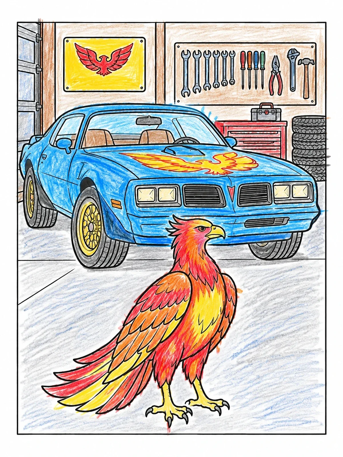 Colored example of the Classic Firebird Muscle Car And Bird In Garage coloring page