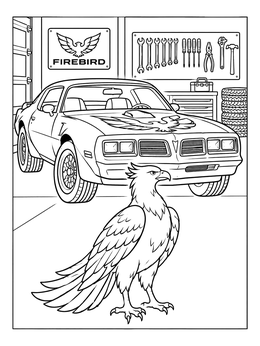 Free printable Classic Firebird Muscle Car And Bird In Garage coloring page