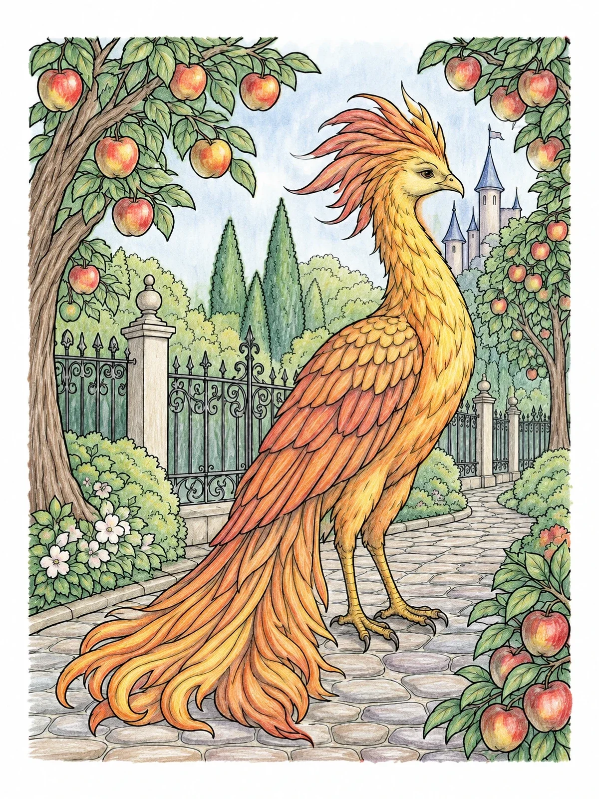 Colored example of the Firebird In The Royal Apple Orchard coloring page