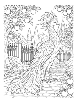 A firebird coloring page featuring the mythical bird in an orchard with apple trees and a castle.
