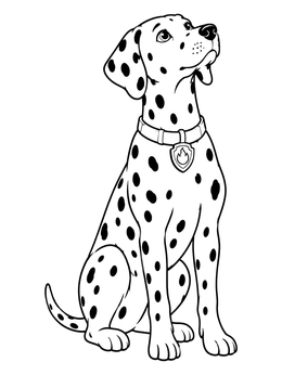 An alert firedog coloring page featuring a sitting dalmatian with a flame badge collar.