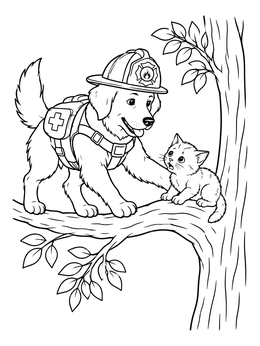 A firedog coloring page showing a pup in a firefighter hat reaching out to a kitten on a tree branch.