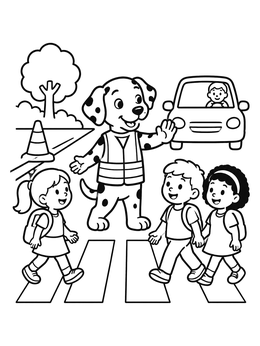 A friendly Dalmatian guides children across the road in this firedog coloring page.