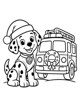 A cute firedog coloring page showing a pup in a Santa hat by a truck with a wreath.