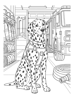 A detailed firedog coloring page showing a spotted Dalmatian sitting in a firehouse garage bay.
