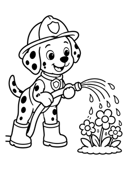 Free printable Dalmatian Fire Dog Watering Flowers coloring page