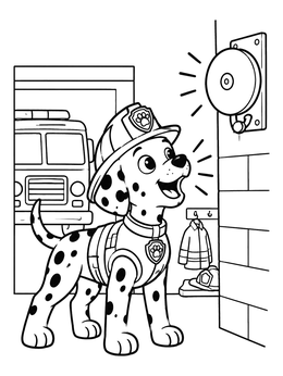 Free printable Dalmatian Fire Pup Barking At The Alarm Bell coloring page