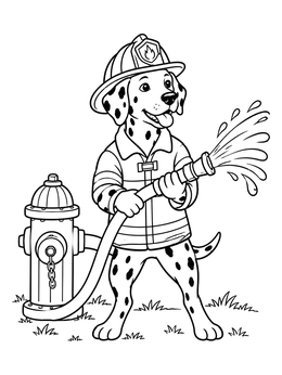 A firedog coloring page showing a Dalmatian pup spraying water beside a hydrant.