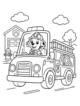A friendly pup smiles from a fire truck in this cute firedog coloring page.