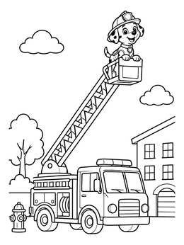 A cute firedog coloring page showing a pup standing in the aerial basket of a ladder truck.