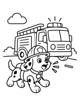 A cute firedog coloring page showing a Dalmatian puppy in a helmet running ahead of a fire engine.