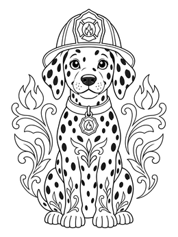 A cute firedog coloring page showing a spotted dalmatian puppy in a firefighter helmet.