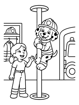 Free printable Dalmatian Sliding Down The Fire Pole coloring page