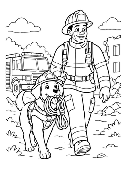 A friendly pup carries a rope in this firedog coloring page alongside a firefighter.