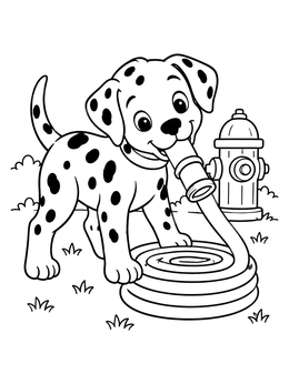 A firedog coloring page showing a playful Dalmatian puppy holding a fire hose nozzle.