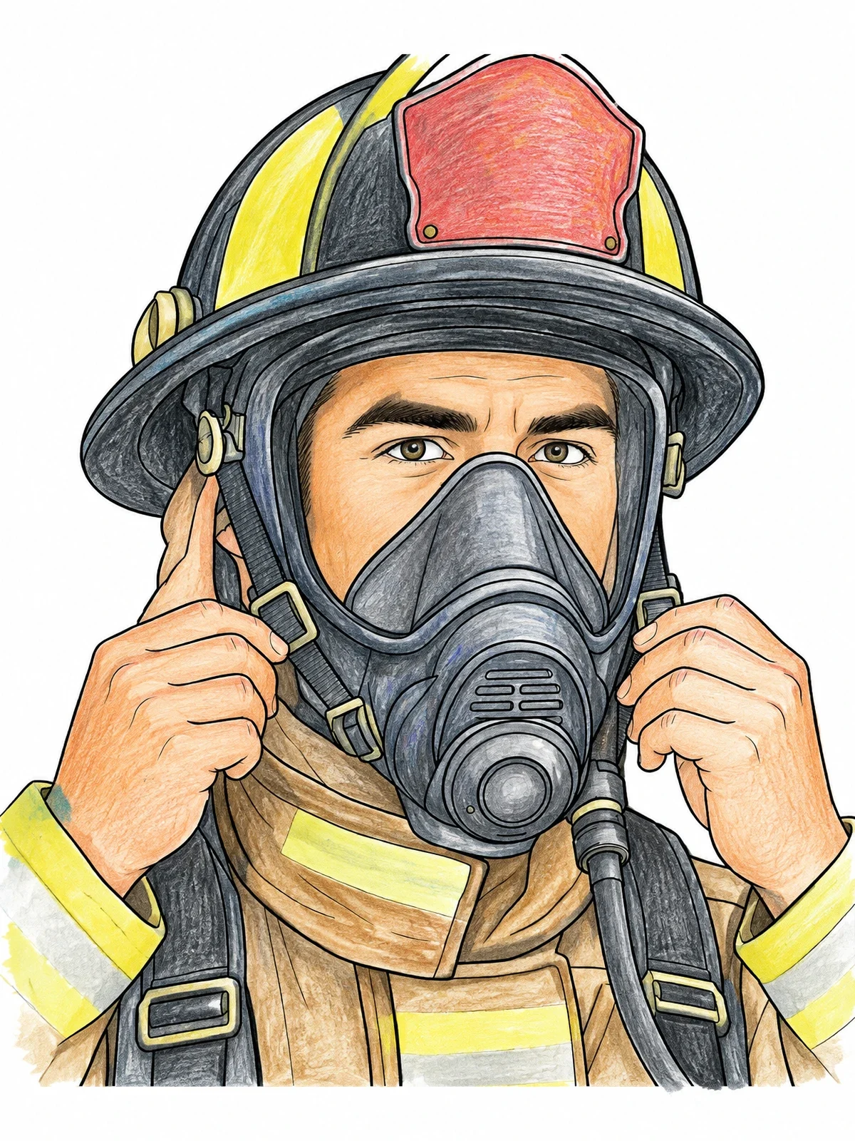 Colored example of the Firefighter Adjusting Oxygen Mask coloring page