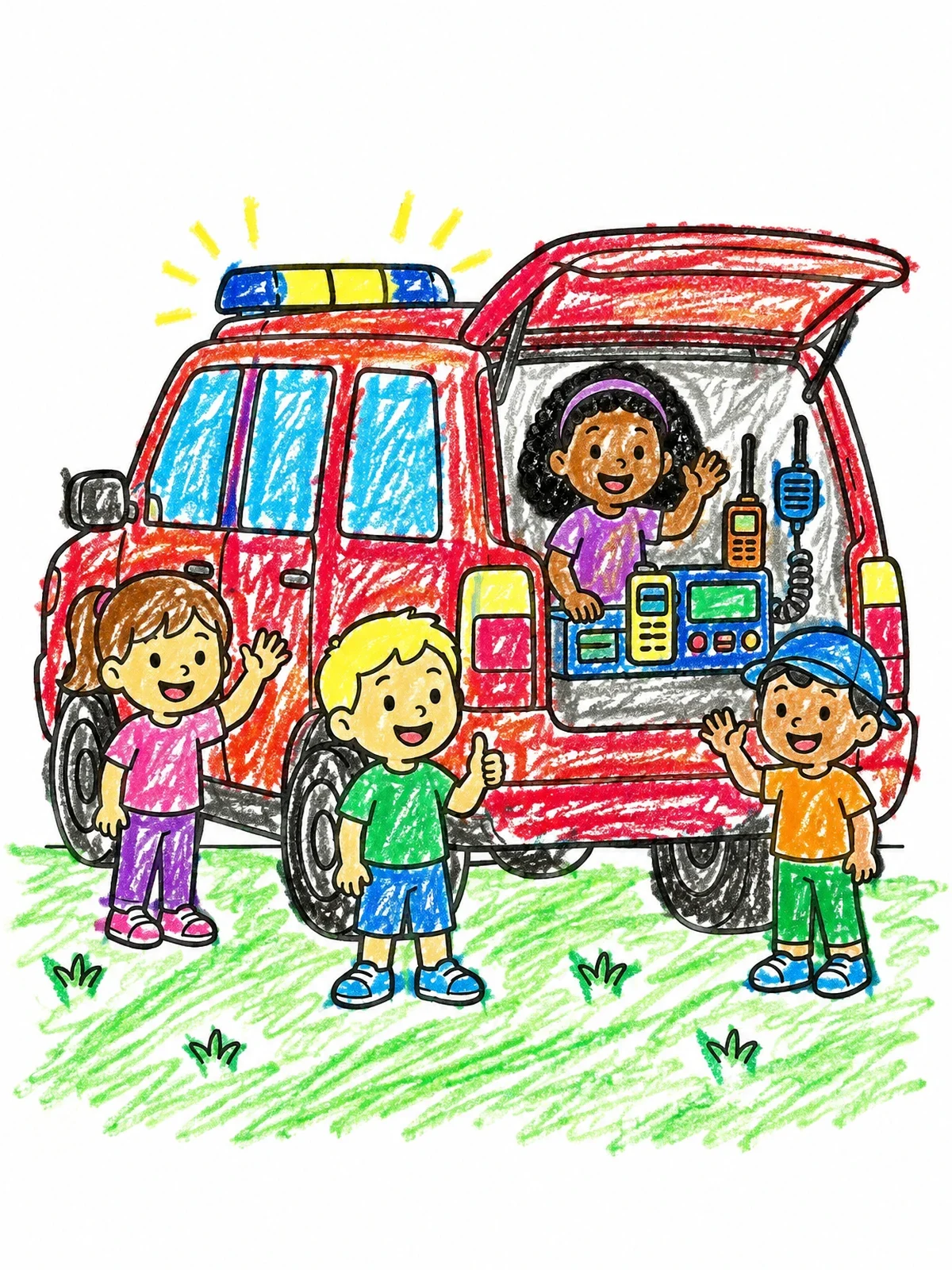 Colored example of the Children Exploring Fire Command Vehicle coloring page