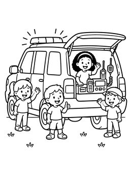 Free printable Children Exploring Fire Command Vehicle coloring page