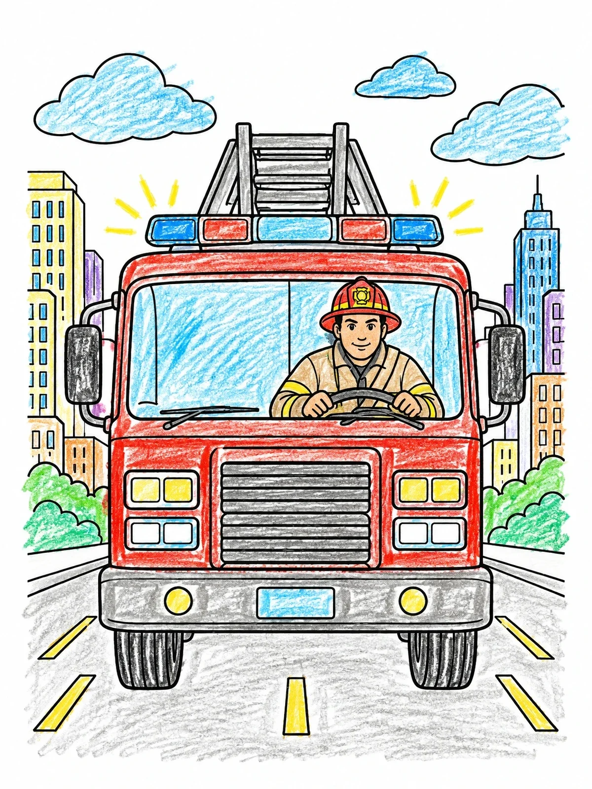 Colored example of the Firefighter Driving A Fire Engine Downtown coloring page