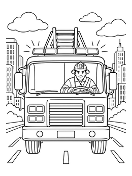 A smiling firefighter drives his vehicle in this detailed fire truck coloring page with city skyline.