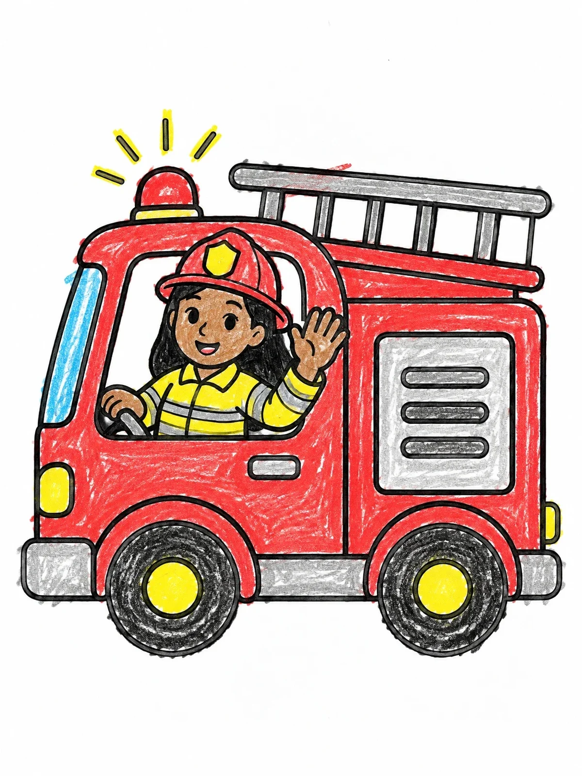 Colored example of the Friendly Firefighter Driving Fire Truck coloring page