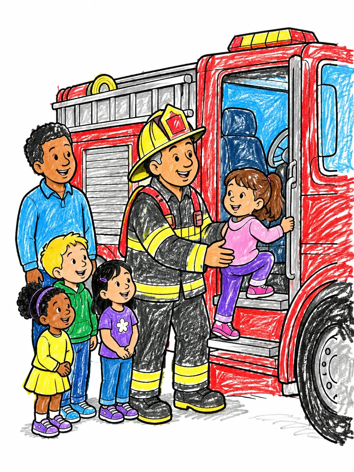 Colored example of the Firefighter Helping Child Into Fire Truck coloring page